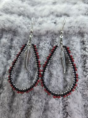 Beaded Teardrop Feather Dangle Earrings in Red & Turquoise